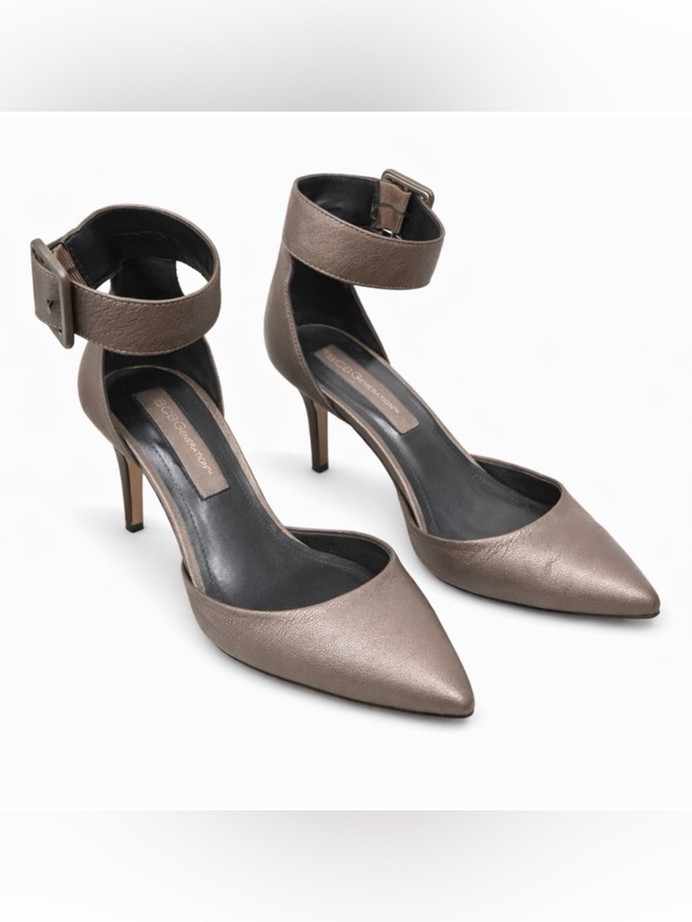BCBGeneration Taupe Metallic Pointed Toe Ankle Strap Heels 8